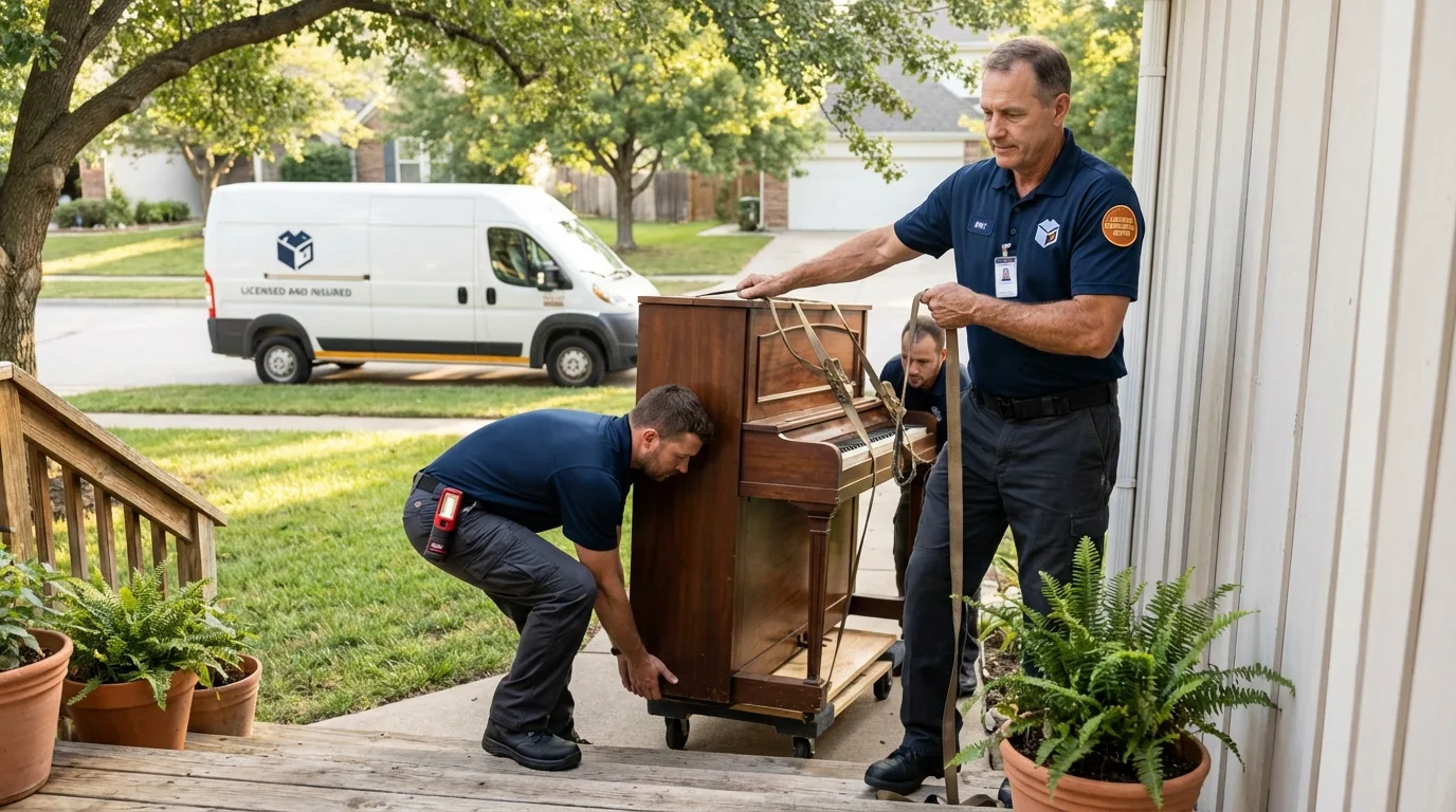 Licensed piano movers securing grand piano in Chrisman, IL
