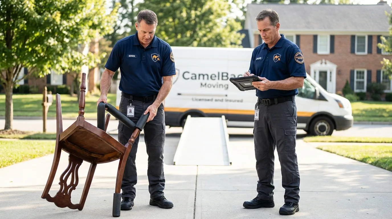 Movers inspecting furniture for damage prevention before loading in Chrisman, IL