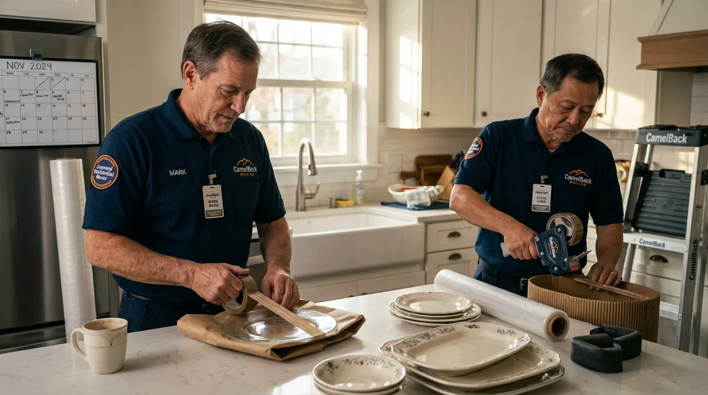 Professional crew packing kitchen dishware in Chrisman, IL